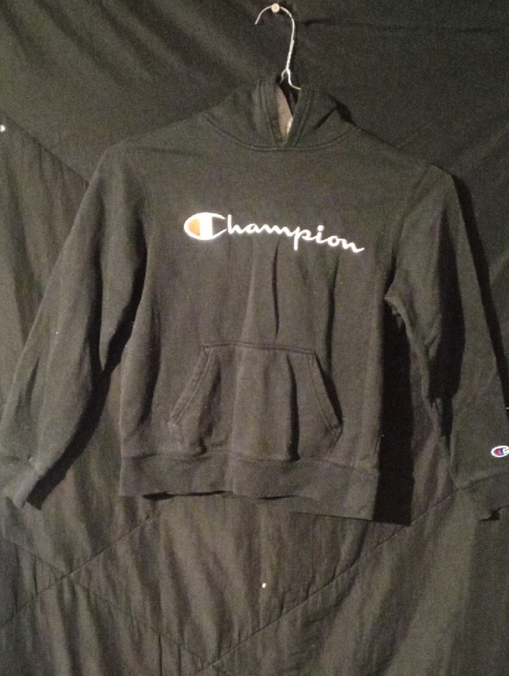 Champion Black Hoodie with White and Orange Logo